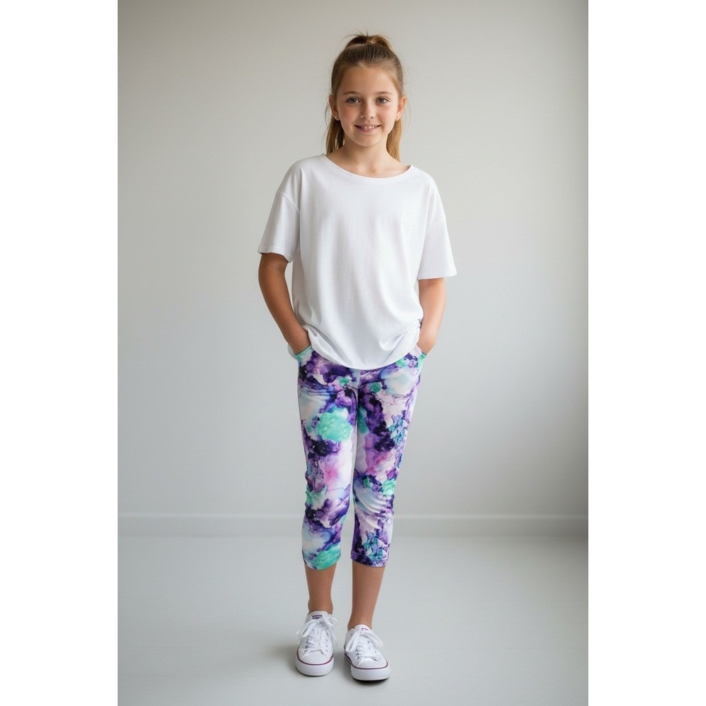 Teen Girls  Watercolor Marble Print Capri Leggings Purple Teal  Size Small